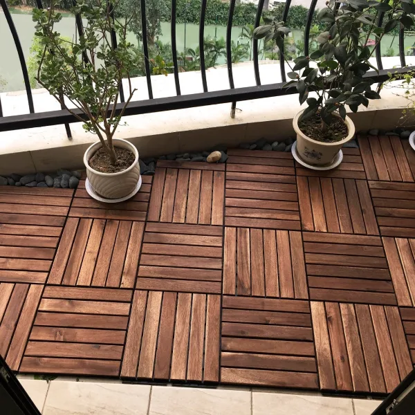 A Balcony features warm brown acacia wood interlocking deck tiles in Dubai.